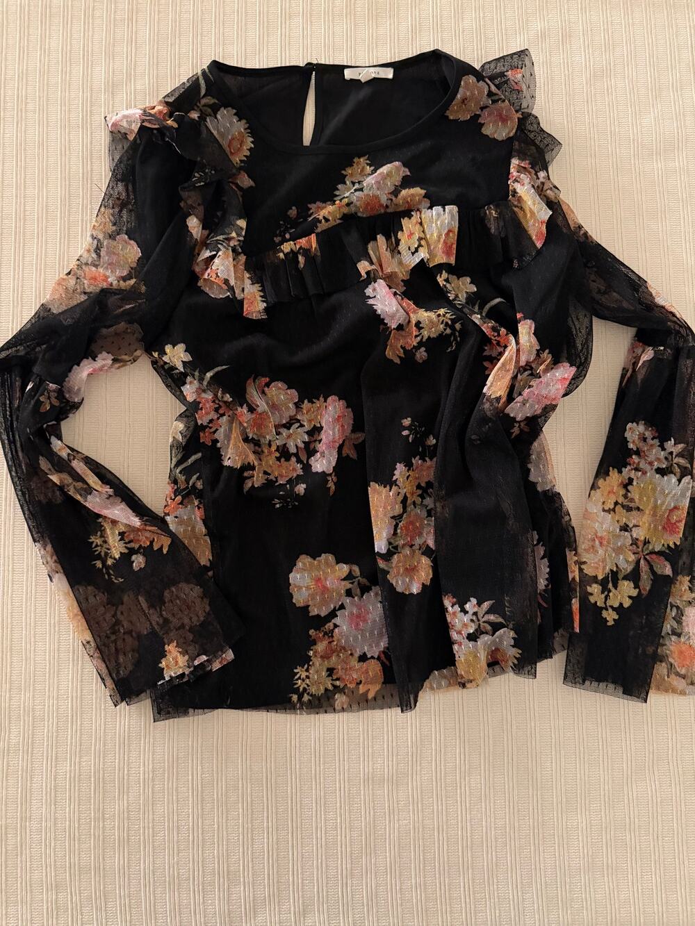 Pleione Black Floral Sheer Mesh Ruffle Long Sleeve Blouse Top Size Medium